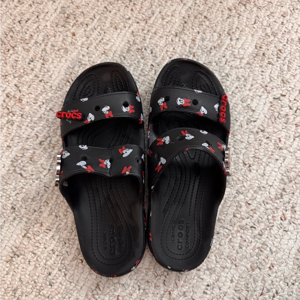 CROCS Black Minnie Mouse Slide Sandals with Red Accents